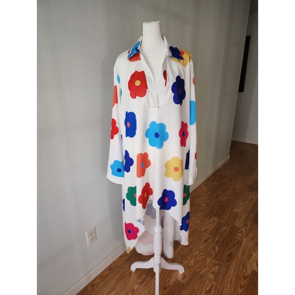 Women's White Colorful Floral Print High-Low Shirt Dress Long Sleeve Collared 2x - Picture 2 of 7